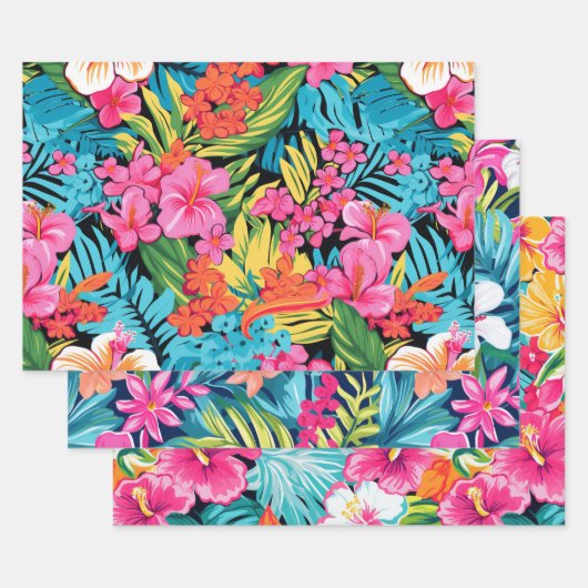 Tropical Floral Hibiscus Plumeria Pattern Design ラッピングペーパーシート (セット)