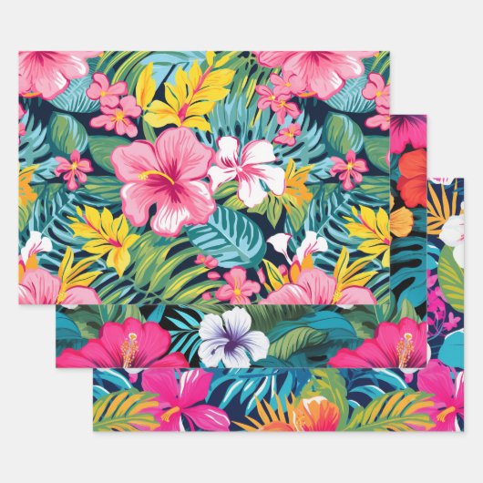 Tropical Floral Hibiscus Plumeria Pattern Design ラッピングペーパーシート (セット)