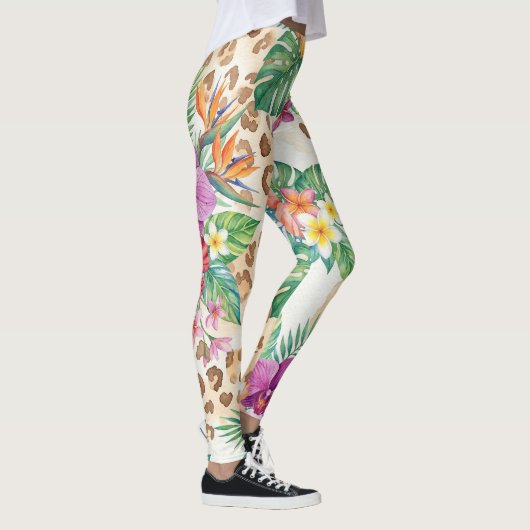 Tropical Floral Leopard Print Pattern レギンス (右)