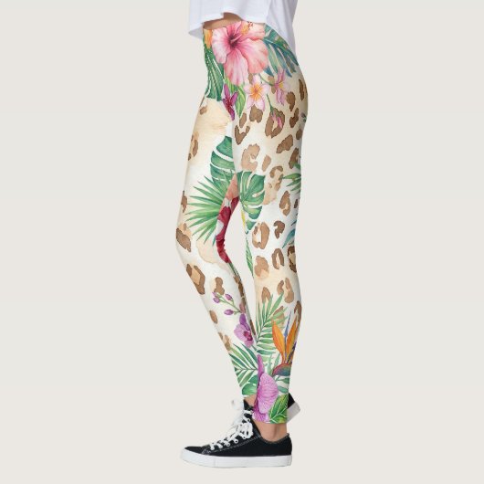 Tropical Floral Leopard Print Pattern レギンス (左)