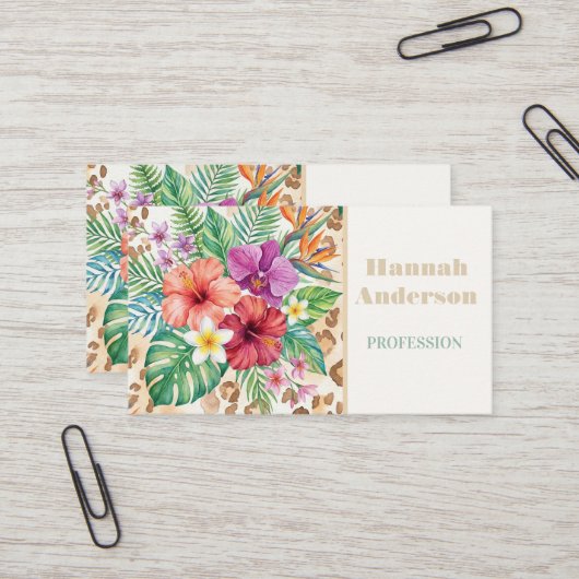 Tropical Floral Leopard Print Pattern 名刺 (正面/裏面インサイチュ)