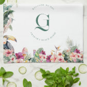 Tropical Floral Palm Monogram Beach House キッチンタオル (折り畳み)