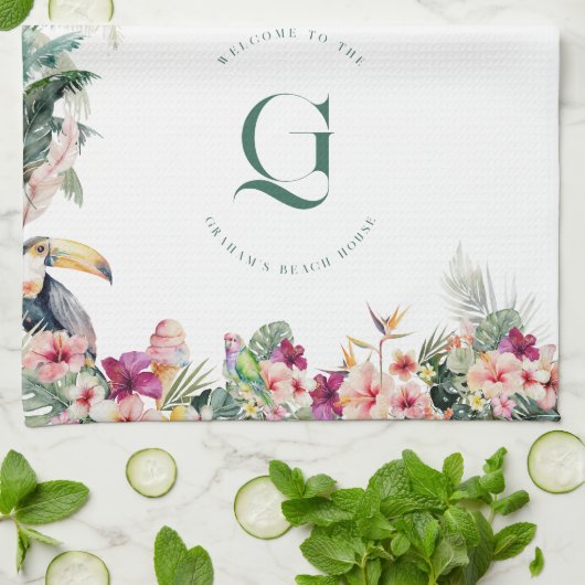 Tropical Floral Palm Monogram Beach House キッチンタオル (折り畳み)