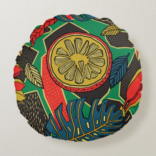 Tropical floral pattern in doodle style with fruit ラウンドクッション (正面)