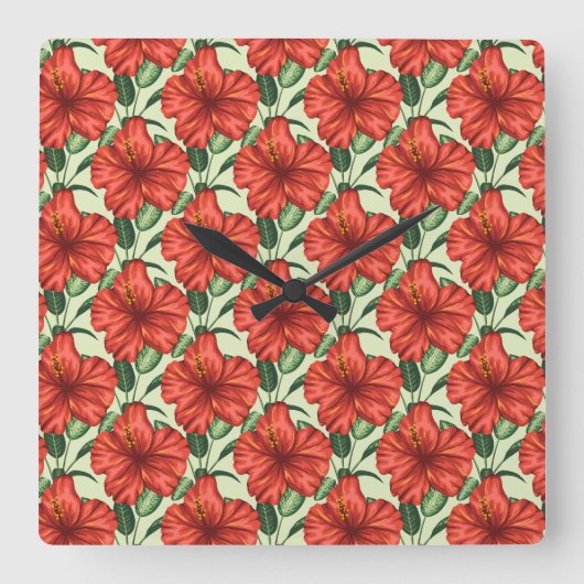 Tropical floral seamless pattern red flowers スクエア壁時計 (正面)
