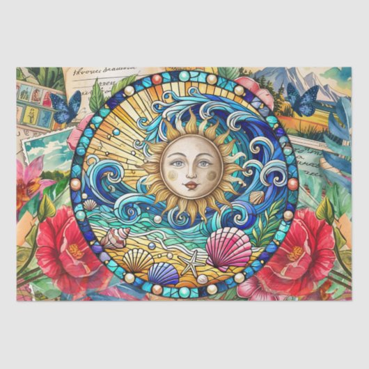 Tropical Floral Stained Glass Sun Face Decoupage 薄葉紙 (正面)