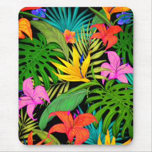 Tropical flower and palm leaf Hawaiian colorful マウスパッド