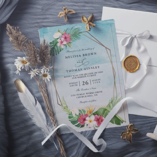 Tropical Flower Beach Elegant QR Code Wedding 招待状