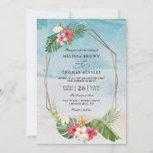 Tropical Flower Beach Elegant QR Code Wedding 招待状 (正面)