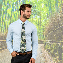 Tropical Flower Chinoiserie Asian Dusty Teal Print ネクタイ