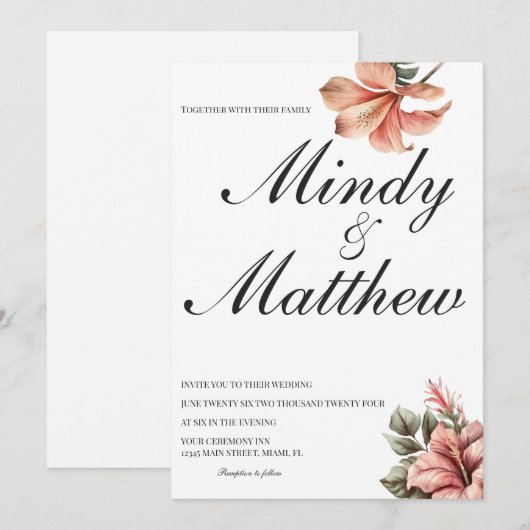 Tropical Flowers Black and White Script Wedding 招待状 (正面/裏面)