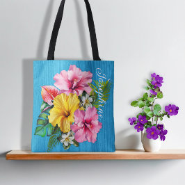 Tropical Flowers Blue Wood Personalized AOP トートバッグ
