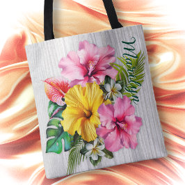 Tropical Flowers Gray Wood Personalized AOP トートバッグ
