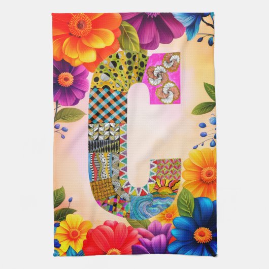 Tropical Flowers Monogram C Kitchen Towel キッチンタオル (縦)