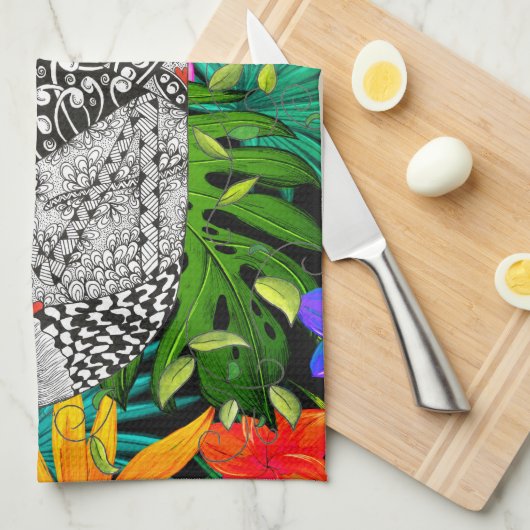 Tropical Flowers Monogram J Kitchen Towel キッチンタオル (四つ折り)
