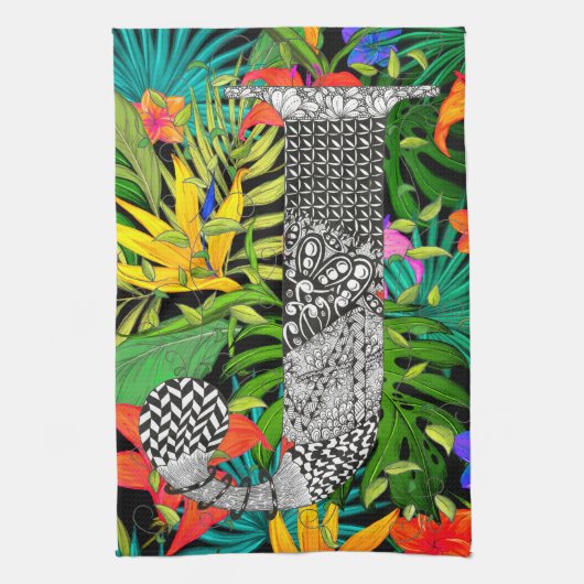 Tropical Flowers Monogram J Kitchen Towel キッチンタオル (縦)