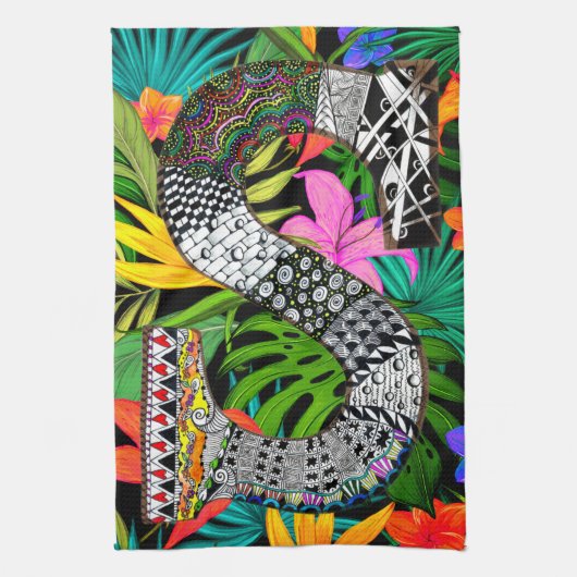 Tropical Flowers Monogram S Kitchen Towel キッチンタオル (縦)