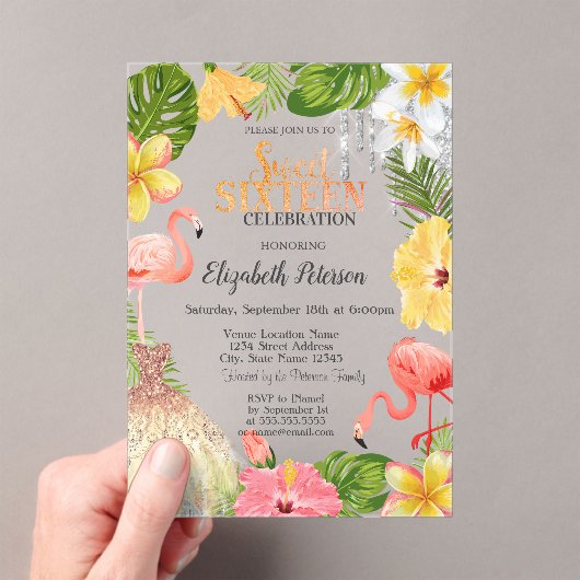 Tropical Flowers Palm Flamingos Dress Sweet 16 アクリル招待状 (インサイチュ (ポータブル))