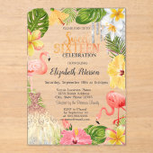 Tropical Flowers Palm Flamingos Dress Sweet 16 アクリル招待状 (正面)