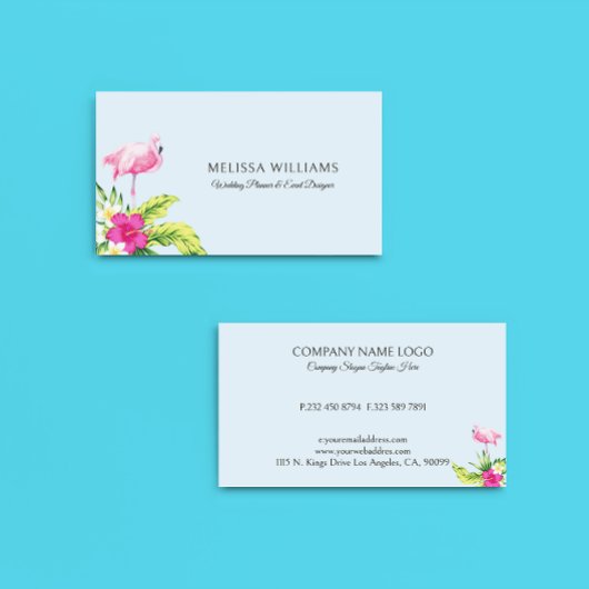Tropical Flowers & Pink Flamingo On Blue Business 名刺