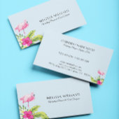 Tropical Flowers & Pink Flamingo On Blue Business 名刺