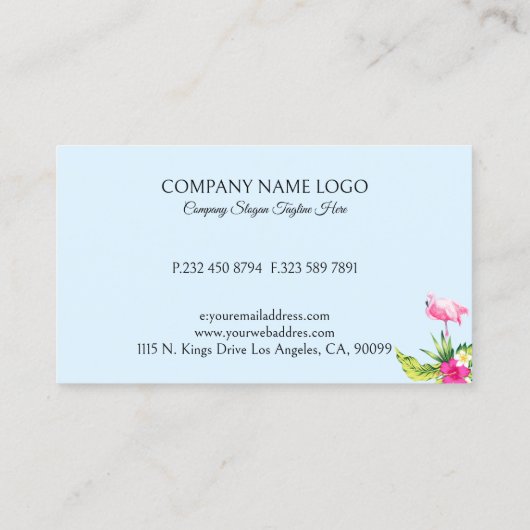 Tropical Flowers & Pink Flamingo On Blue Business 名刺 (裏面)