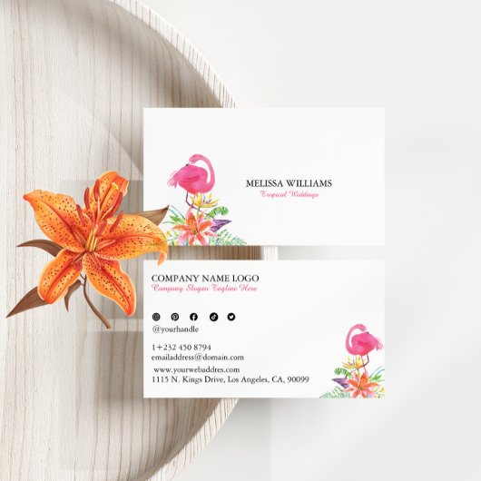 Tropical Flowers & Pink Flamingo Wedding Planner 名刺