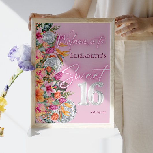 Tropical Flowers Pink Neon Glow Sweet 16 Welcome ポスター