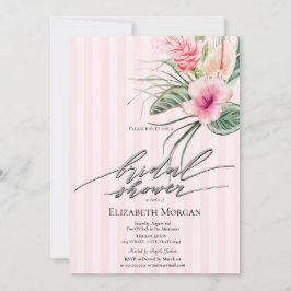 Tropical Flowers Pink Stripes Bridal Shower 招待状