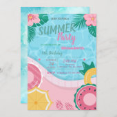 Tropical Flowers Pool Birthday Party 招待状 (正面/裏面)