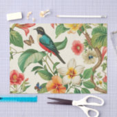 Tropical Flowers with Beautiful Red & Teal Bird 薄葉紙 (クラフト)