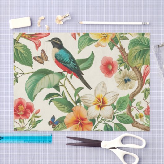 Tropical Flowers with Beautiful Red & Teal Bird 薄葉紙 (クラフト)