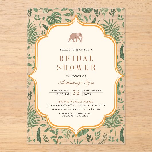Tropical Forest Elephant Indian Bridal Shower アクリル招待状 (正面)