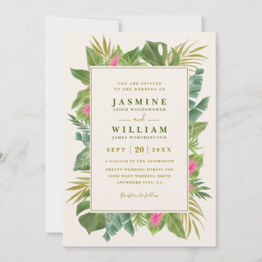 Tropical Frame Elegant Green QR Code Wedding 招待状 (正面)