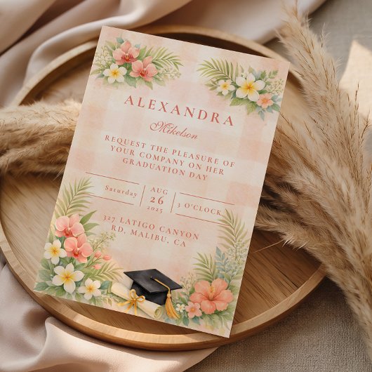 Tropical Gingham Floral Graduation 招待状