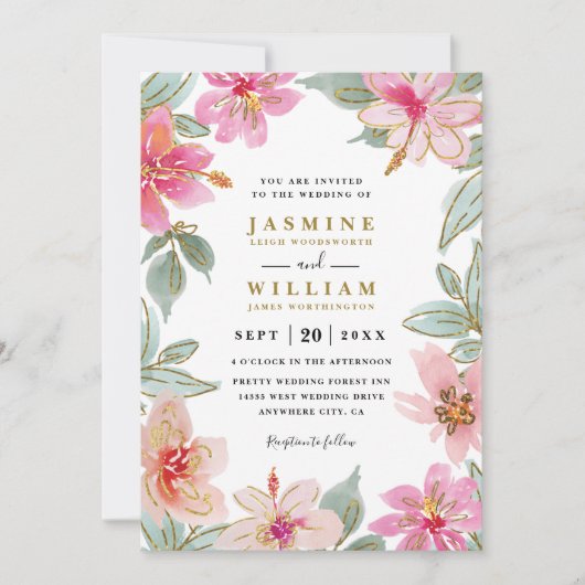Tropical Glitter Flowers Elegant QR Code Wedding 招待状 (正面)