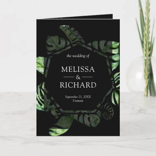 Tropical Gold Monstera Palm Black QR Code Wedding 招待状 (正面)