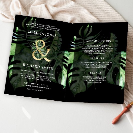 Tropical Gold Monstera Palm Black QR Code Wedding 招待状