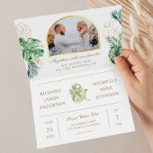 Tropical Gold Monstera Palm Photo QR Code Wedding 招待状