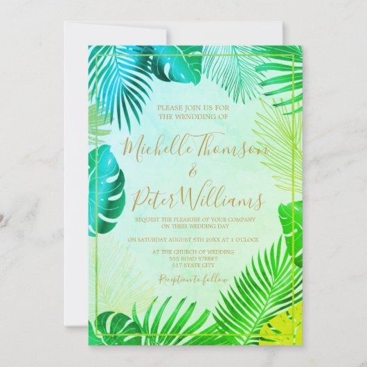 tropical gold watercolor wedding 招待状 (正面)
