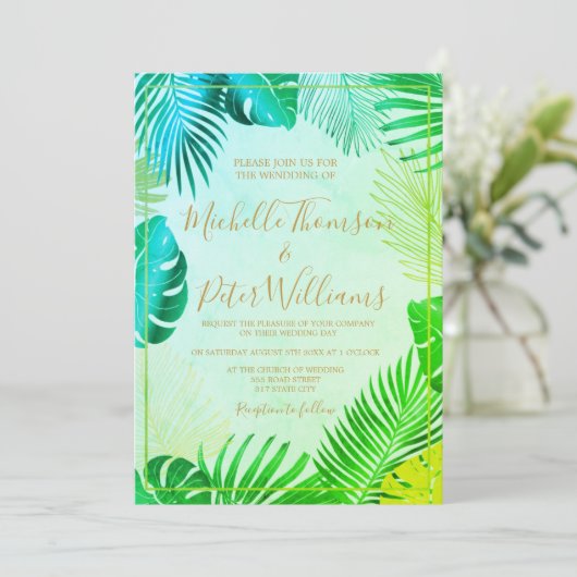 tropical gold watercolor wedding 招待状 (スタンド正面)