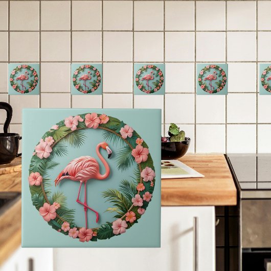Tropical Grace Balancing Flamingo Ceramic Tile タイル