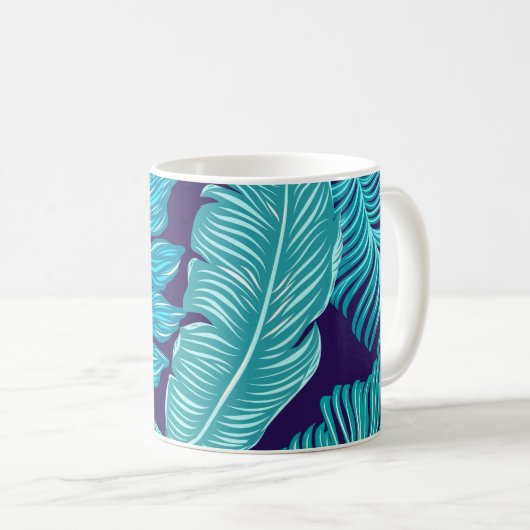 Tropical Green Blue Leaves Pattern コーヒーマグカップ (正面右)