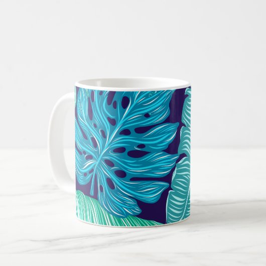 Tropical Green Blue Leaves Pattern コーヒーマグカップ (正面左)