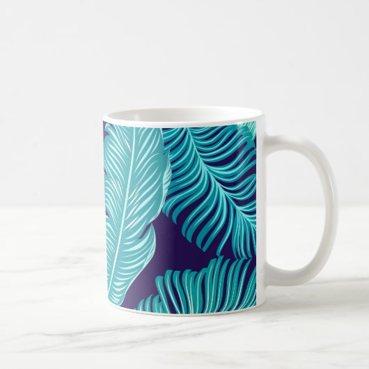 Tropical Green Blue Leaves Pattern コーヒーマグカップ (右)