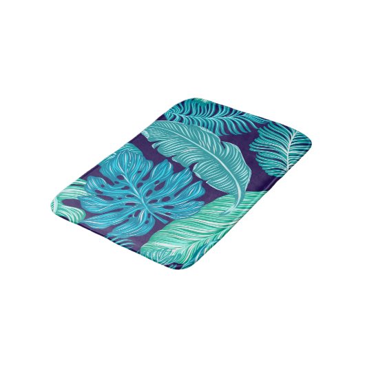 Tropical Green Blue Leaves Pattern バスマット (アングル)