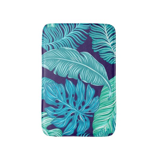 Tropical Green Blue Leaves Pattern バスマット (正面縦)