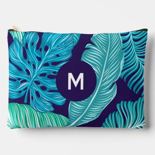 Tropical Green Blue Leaves Pattern Monogram アクセサリーポーチ (正面)