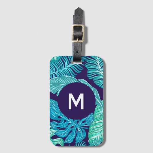 Tropical Green Blue Leaves Pattern Monogram ラゲッジタグ (正面縦)