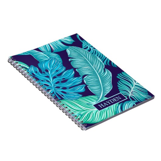 Tropical Green Blue Leaves Pattern Personalised ノートブック (右側)